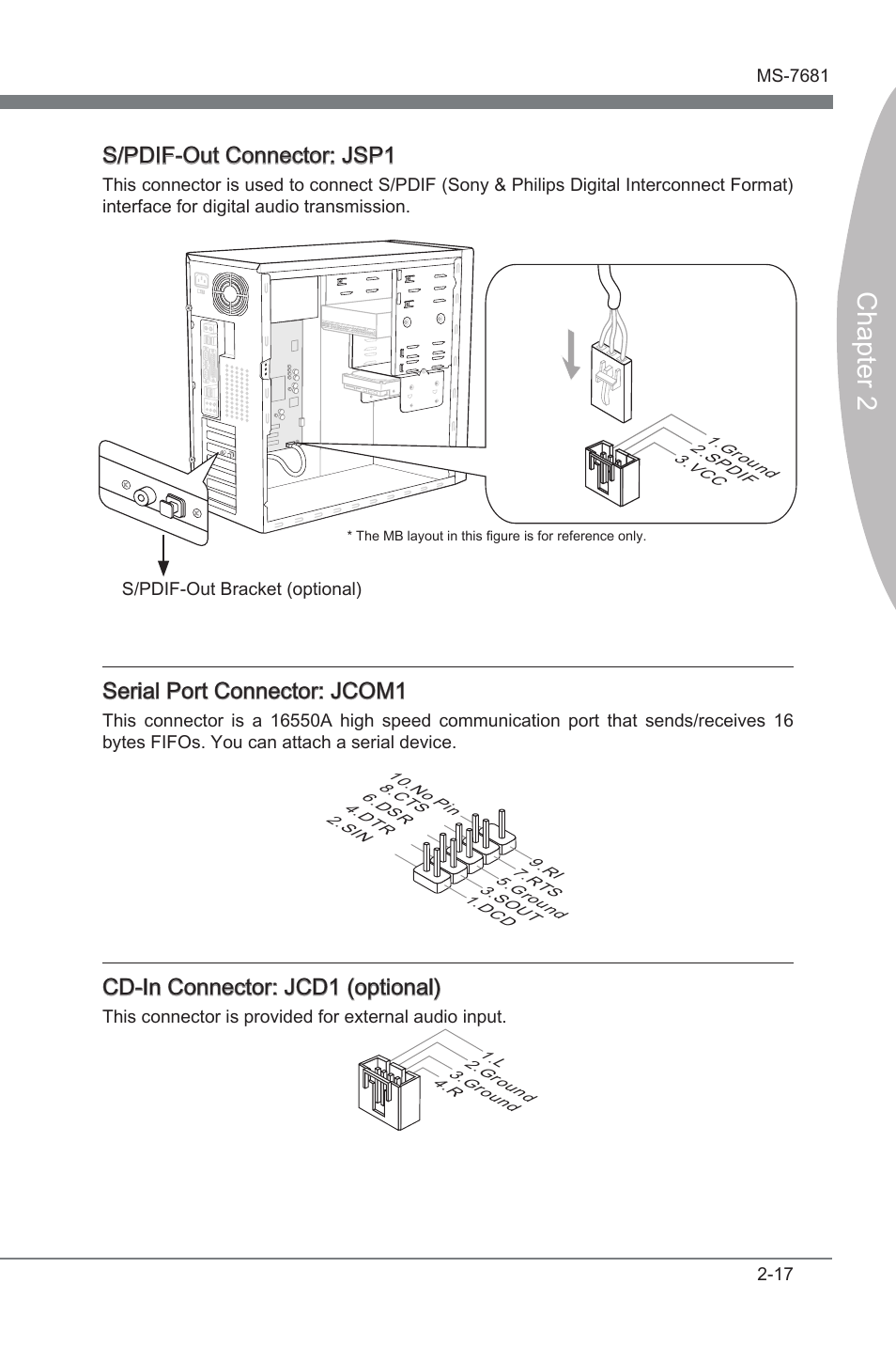 Chapter 2, S/pdif-out connector: jsp1, Seral port connector: jcom1 | Cd-in connector: jcd1 (optonal) | MSI P67A-GD65 (B3) Manual User Manual | Page 33 / 110