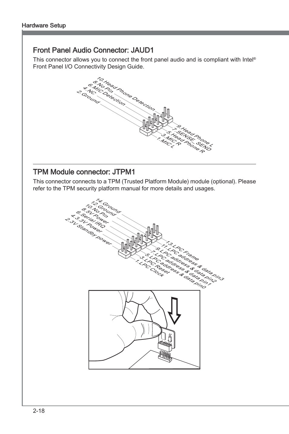 Chapter 2, Front panel audo connector: jaud1, Tpm module connector: jtpm1 | MSI P67A-GD65 (B3) Manual User Manual | Page 34 / 110