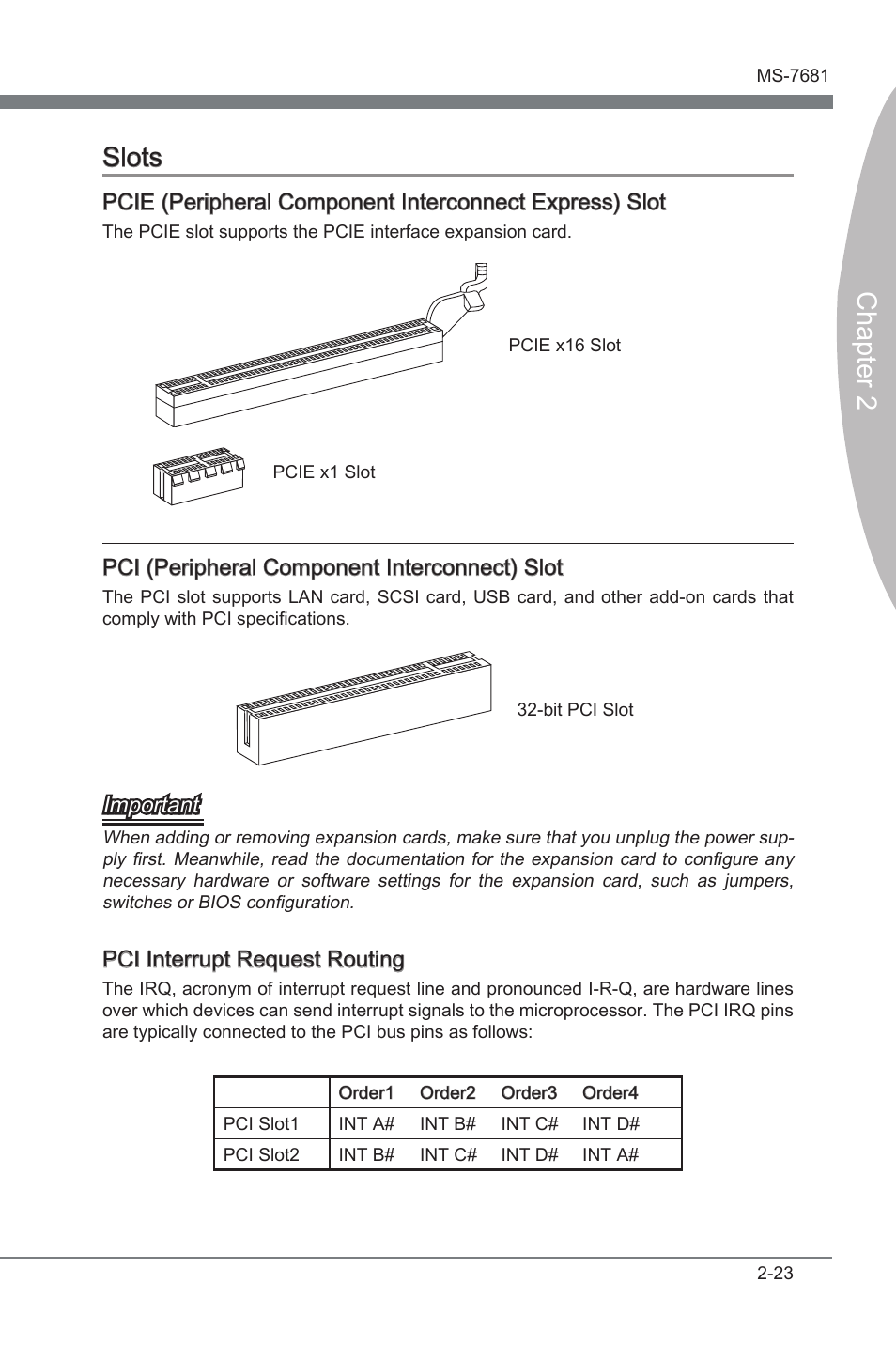 Slots, Slots -23, Chapter 2 | Chapter 2 slots | MSI P67A-GD65 (B3) Manual User Manual | Page 39 / 110