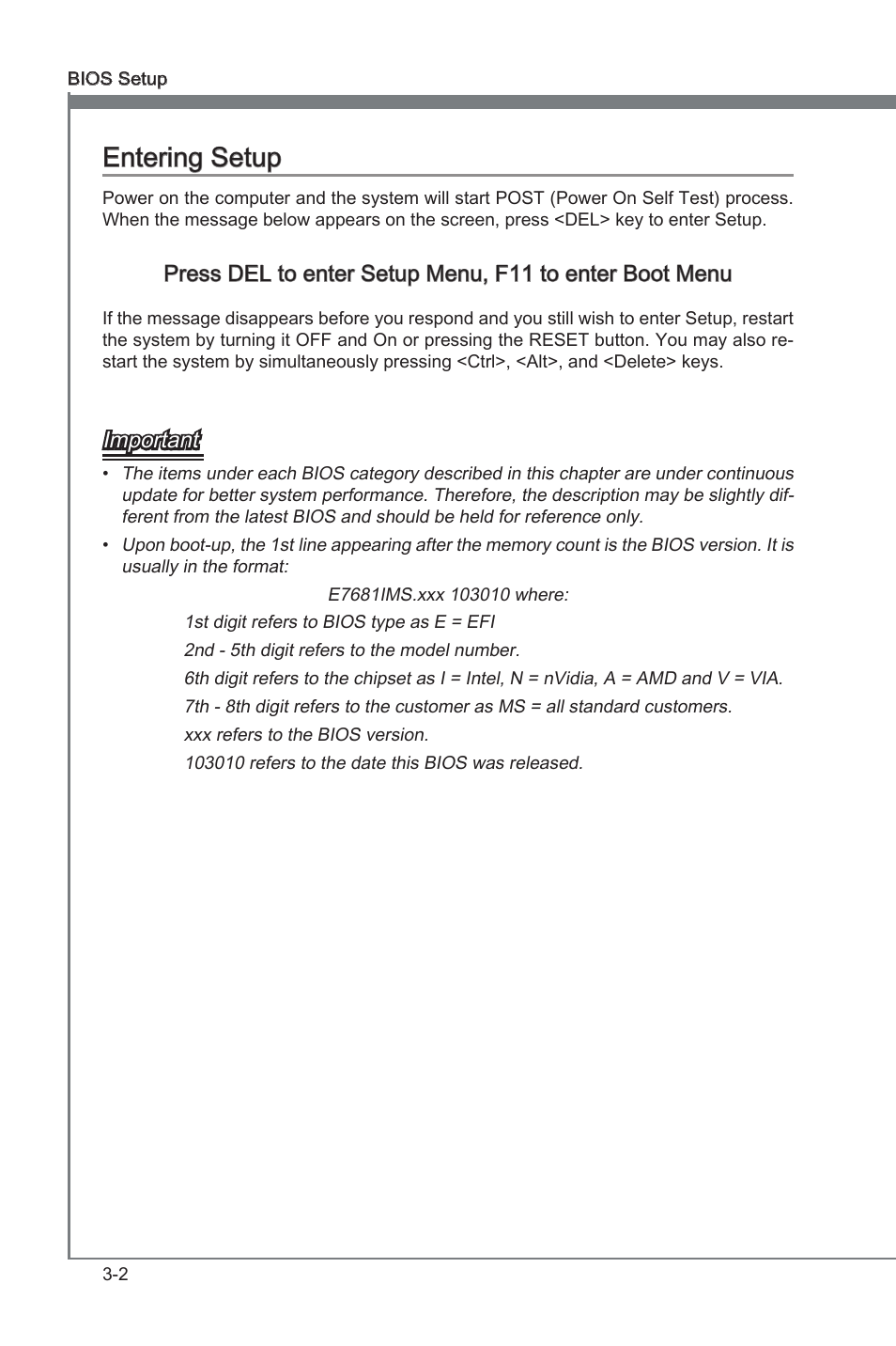 Entering setup, Enterng setup -2, Chapter 3 | Chapter 3 enterng setup, Important | MSI P67A-GD65 (B3) Manual User Manual | Page 42 / 110