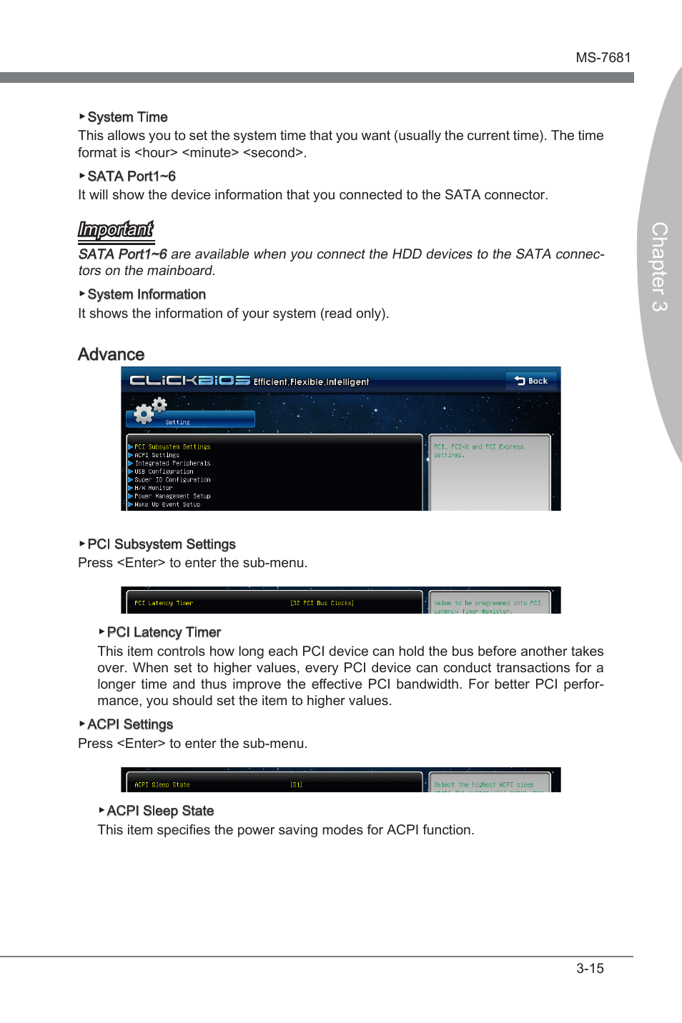 Chapter 3, Important, Advance | MSI P67A-GD65 (B3) Manual User Manual | Page 55 / 110