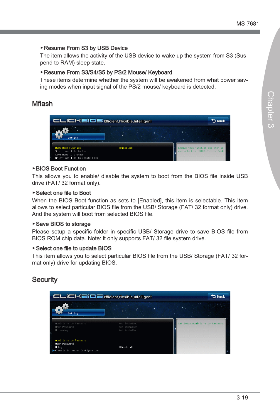 Chapter 3, Mflash, Securty | MSI P67A-GD65 (B3) Manual User Manual | Page 59 / 110