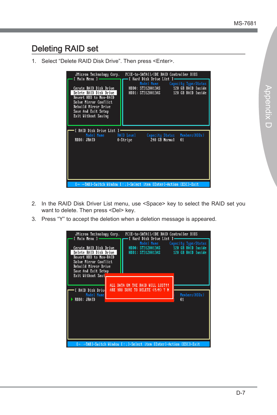 Deleting raid set, Append x d, Append x d deletng raid set | MSI P67A-GD65 (B3) Manual User Manual | Page 99 / 110
