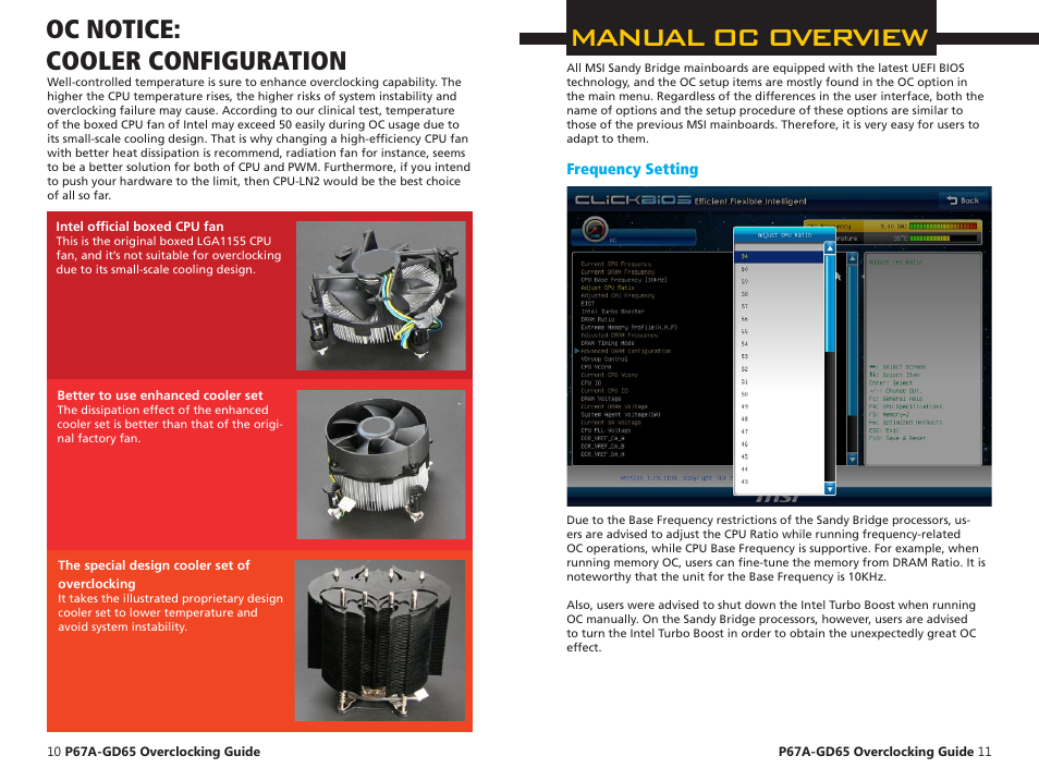Manual oc overview, Oc notice: cooler configuration | MSI P67A-GD65 (B3) Quick Guide User Manual | Page 6 / 12