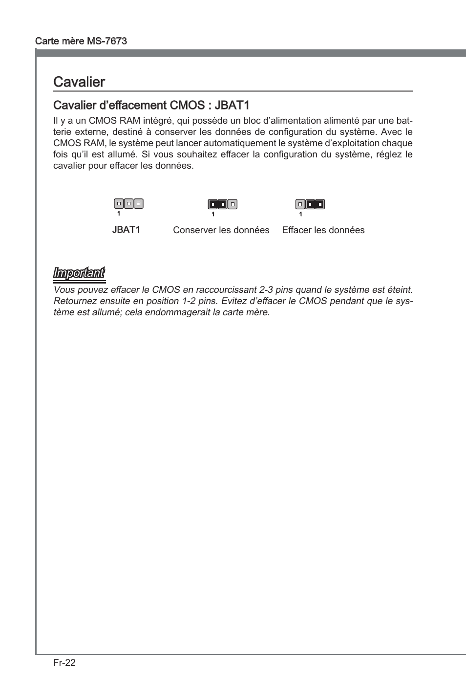 Cavalier, Cavaler, Cavaler d’effacement cmos : jbat1 | Important | MSI P67A-G45 (B3) User Manual | Page 100 / 146