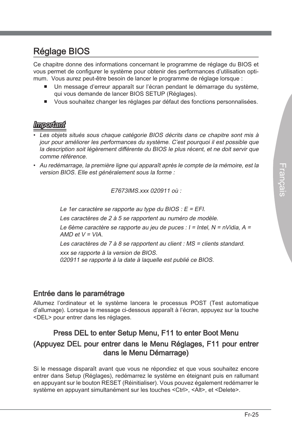 Réglage bios, França s réglage bios, Important | Entrée dans le paramétrage | MSI P67A-G45 (B3) User Manual | Page 103 / 146