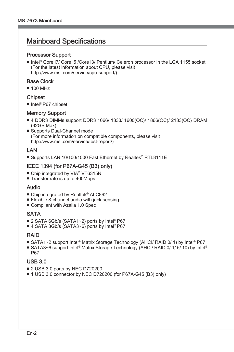 Mainboard specifications, Manboard specficatons | MSI P67A-G45 (B3) User Manual | Page 12 / 146