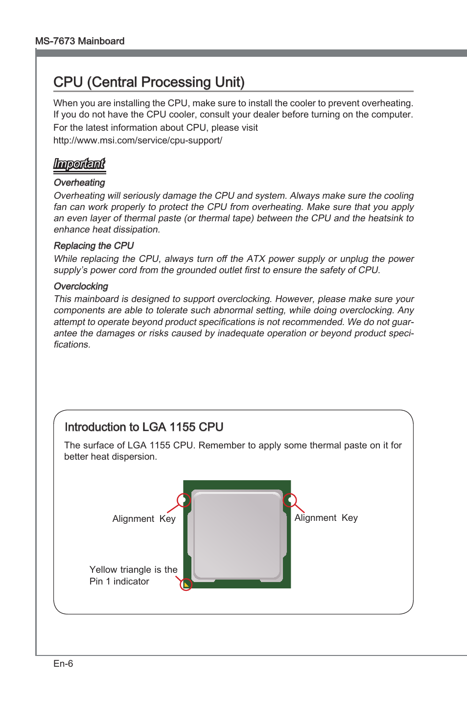 Cpu (central processing unit), Cpu (central processng unt), Important | Introducton to lga 1155 cpu | MSI P67A-G45 (B3) User Manual | Page 16 / 146