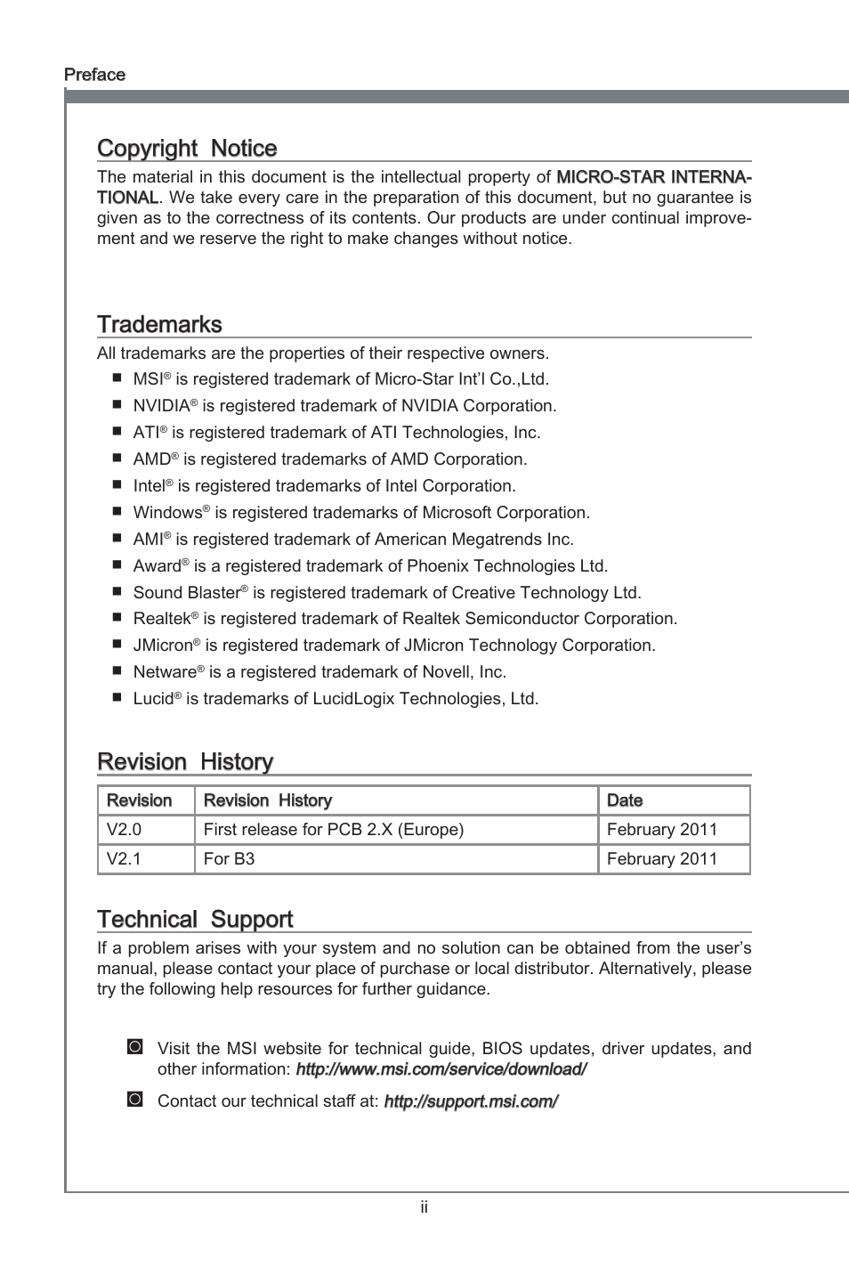 Copyright notice, Trademarks, Revision history | Technical support, Preface, Copyrght notce, Revson hstory, Techncal support | MSI P67A-G45 (B3) User Manual | Page 2 / 146