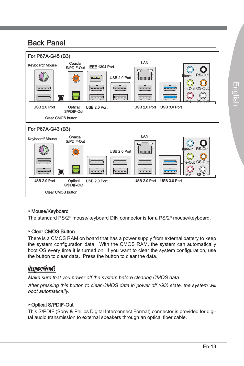 Back panel, Engl sh back panel, Important | MSI P67A-G45 (B3) User Manual | Page 23 / 146