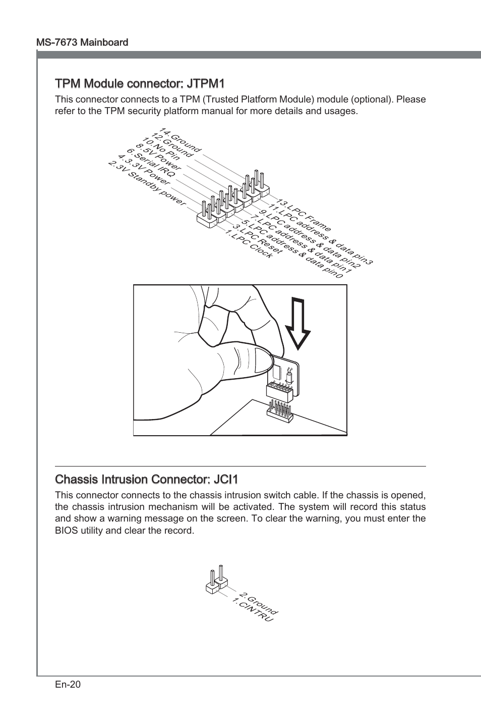 Tpm module connector: jtpm1, Chasss intruson connector: jci1 | MSI P67A-G45 (B3) User Manual | Page 30 / 146
