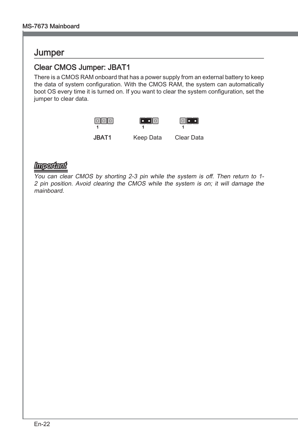Jumper, Clear cmos jumper: jbat1, Important | MSI P67A-G45 (B3) User Manual | Page 32 / 146