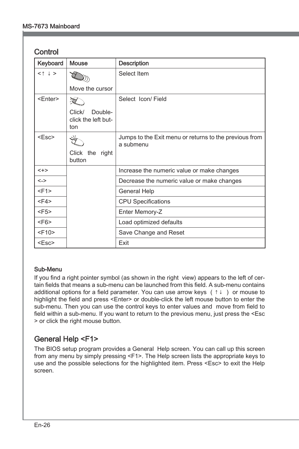Control, General help <f1 | MSI P67A-G45 (B3) User Manual | Page 36 / 146