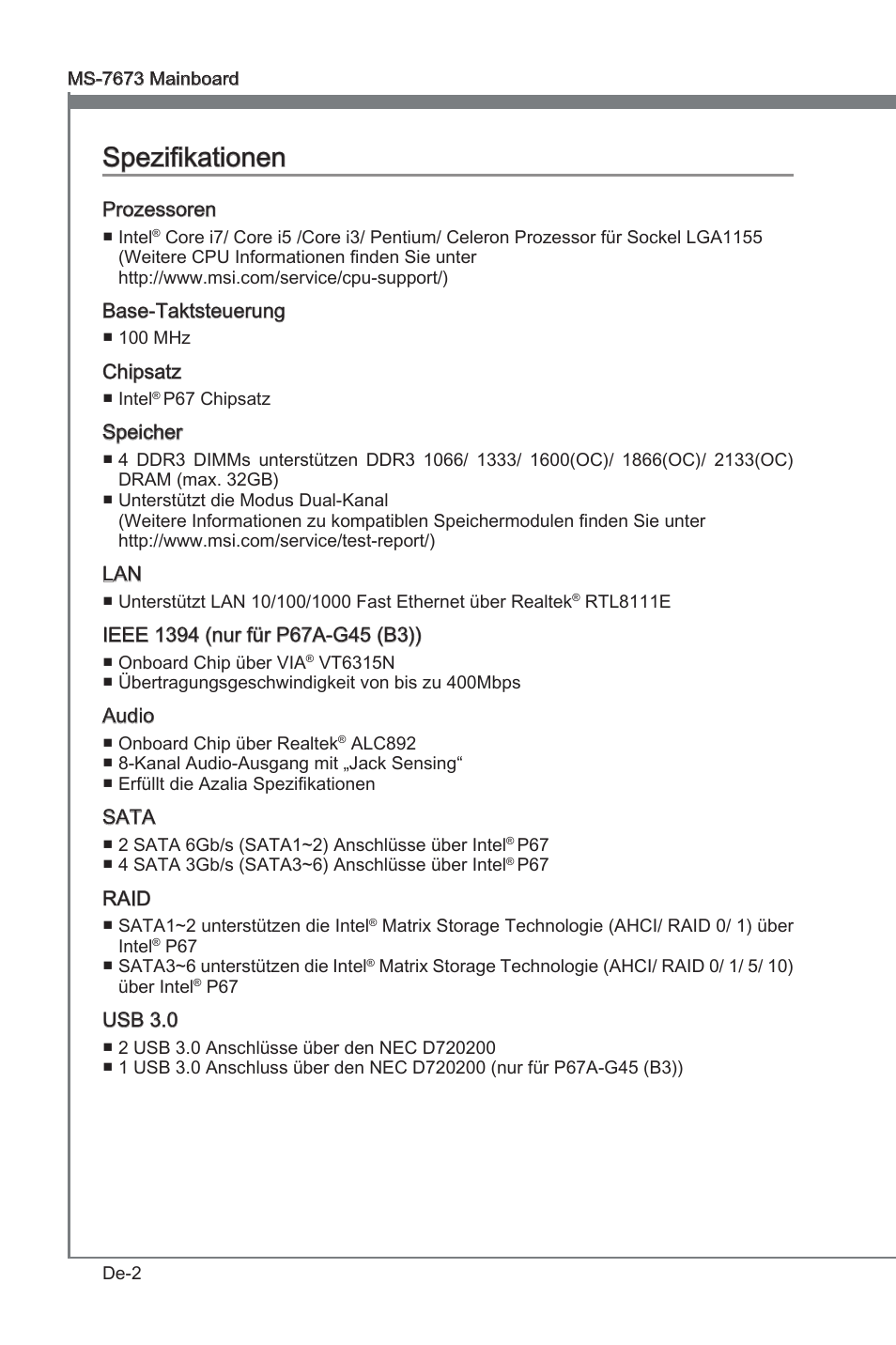 Spezifikationen, Spezfikatonen | MSI P67A-G45 (B3) User Manual | Page 46 / 146