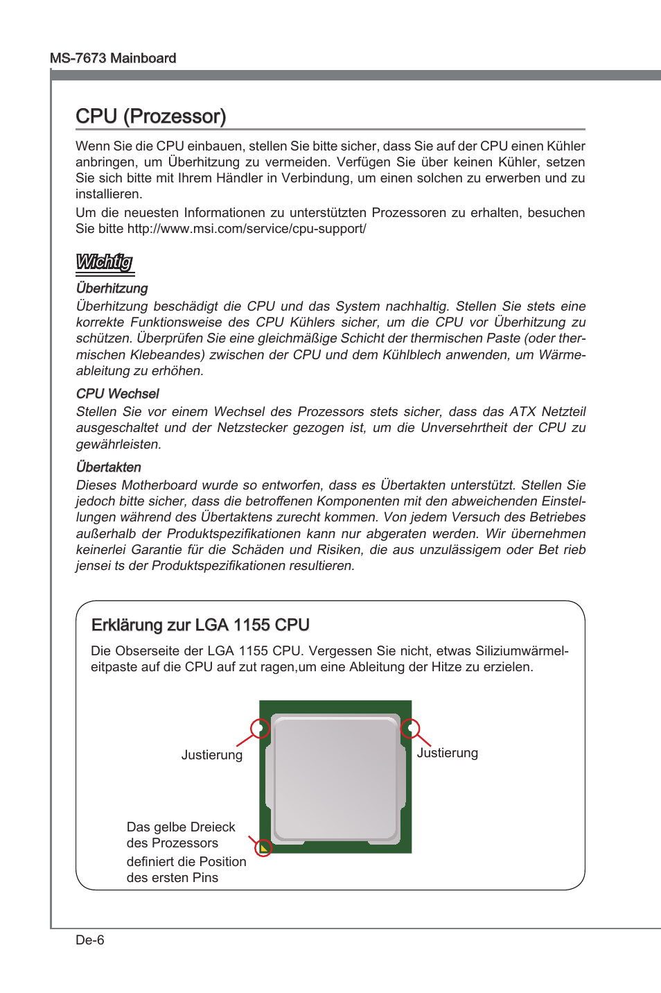 Cpu (prozessor), Wchtg, Erklärung zur lga 1155 cpu | MSI P67A-G45 (B3) User Manual | Page 50 / 146
