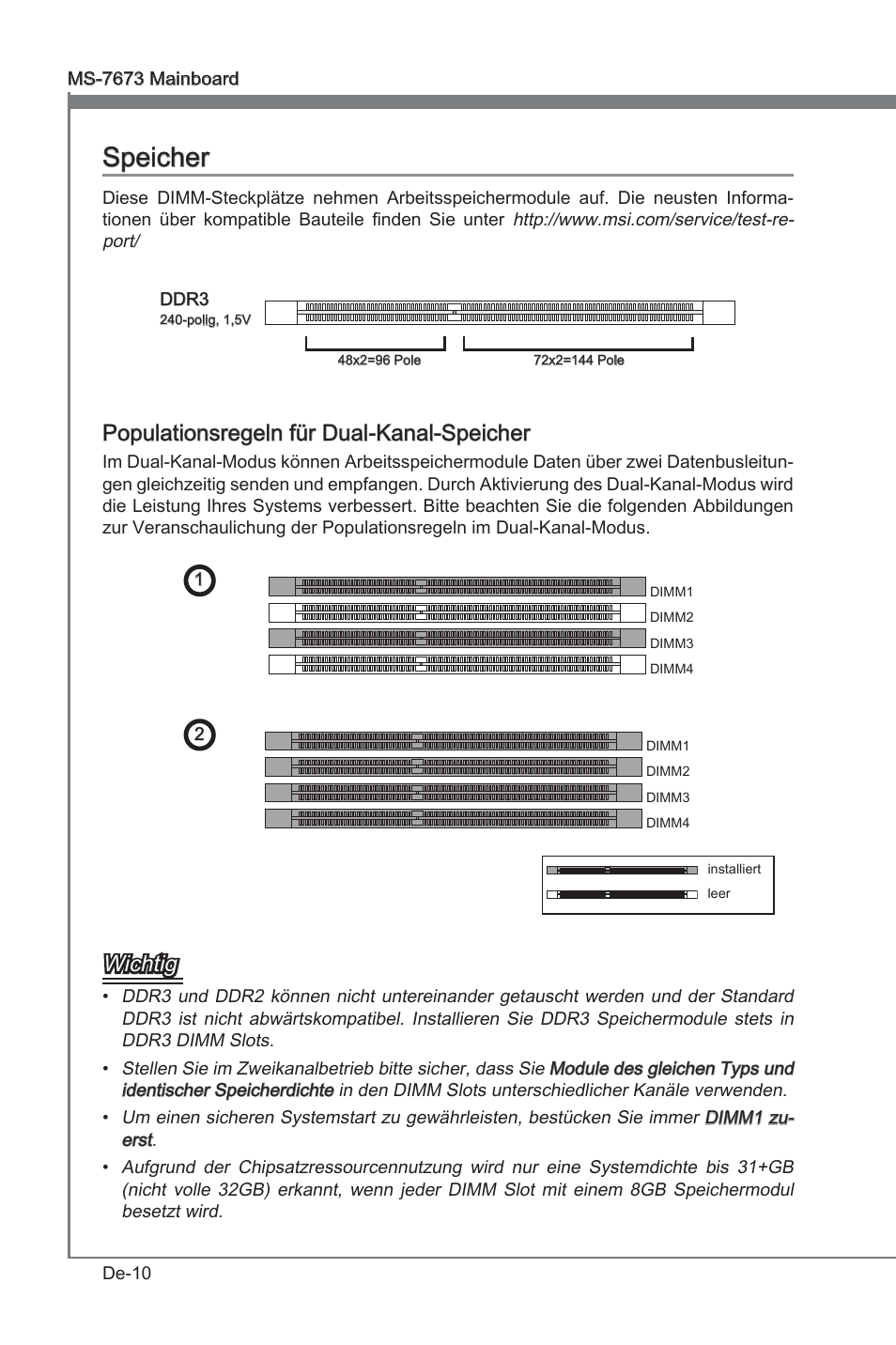Speicher, Specher, Populatonsregeln für dual-kanal-specher | Wchtg | MSI P67A-G45 (B3) User Manual | Page 54 / 146