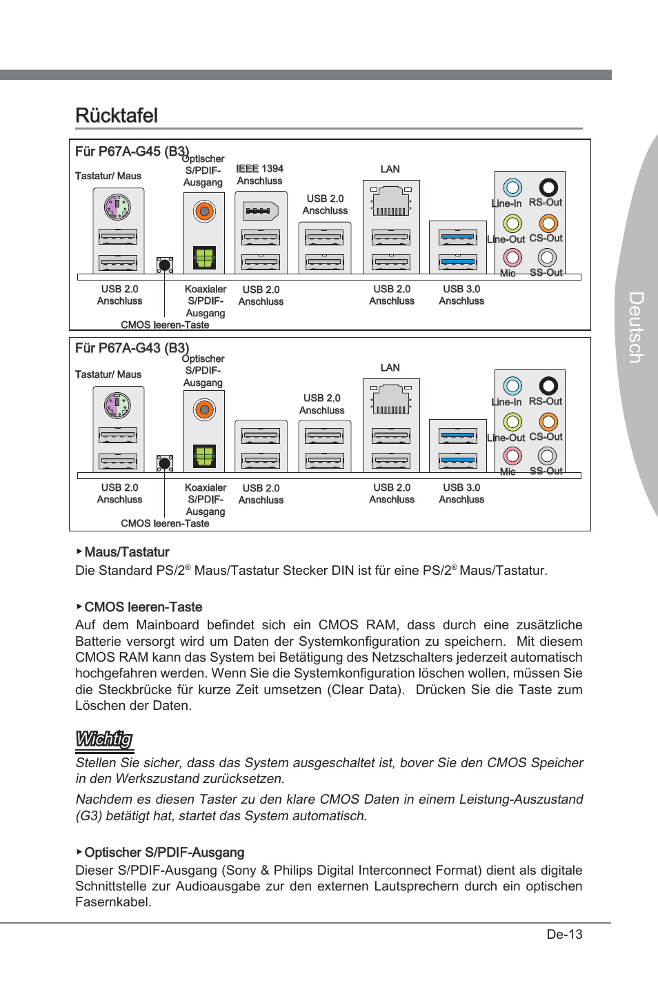 Rücktafel, Deutsch rücktafel, Wchtg | MSI P67A-G45 (B3) User Manual | Page 57 / 146