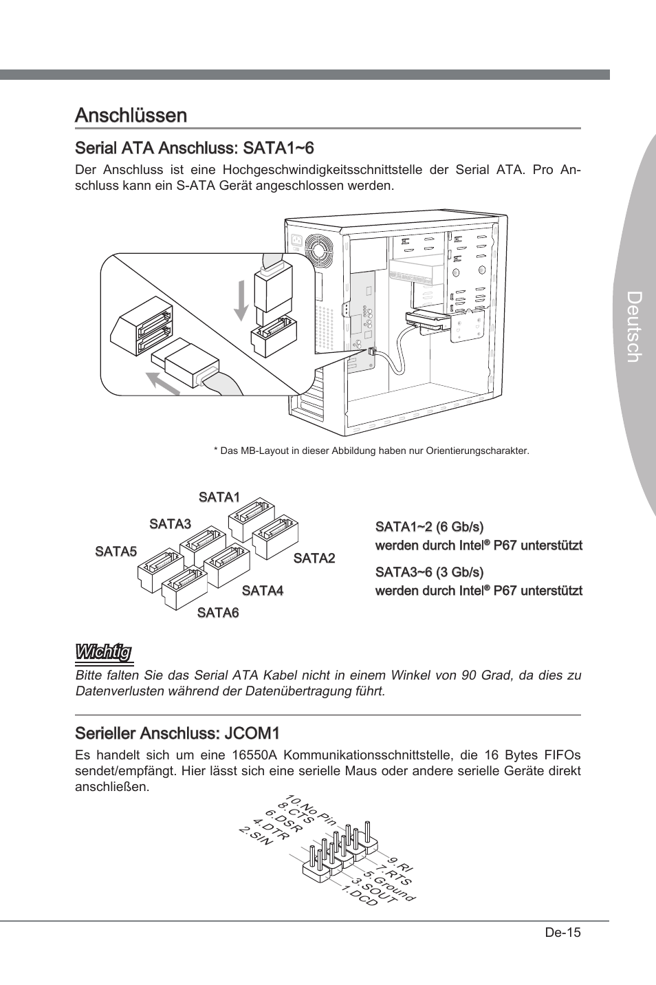 Anschlüssen, Deutsch anschlüssen, Seral ata anschluss: sata1~6 | Wchtg, Sereller anschluss: jcom1 | MSI P67A-G45 (B3) User Manual | Page 59 / 146