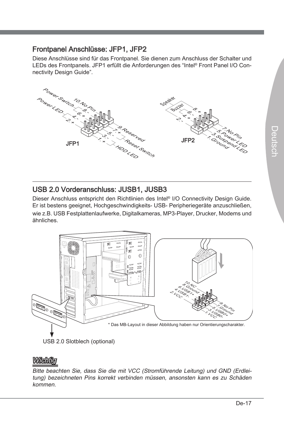 Deutsch, Frontpanel anschlüsse: jfp1, jfp2, Usb 2.0 vorderanschluss: jusb1, jusb3 | Wchtg | MSI P67A-G45 (B3) User Manual | Page 61 / 146