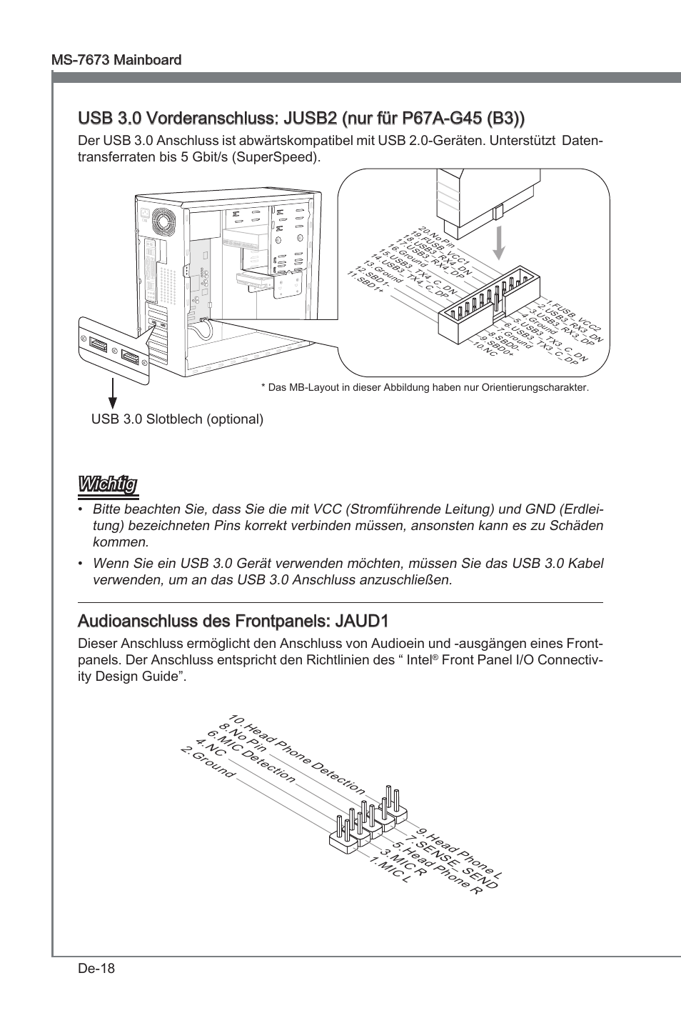 Wchtg, Audoanschluss des frontpanels: jaud1, Usb 3.0 slotblech (optonal) | Front panel i/o connectv- ty desgn gude | MSI P67A-G45 (B3) User Manual | Page 62 / 146