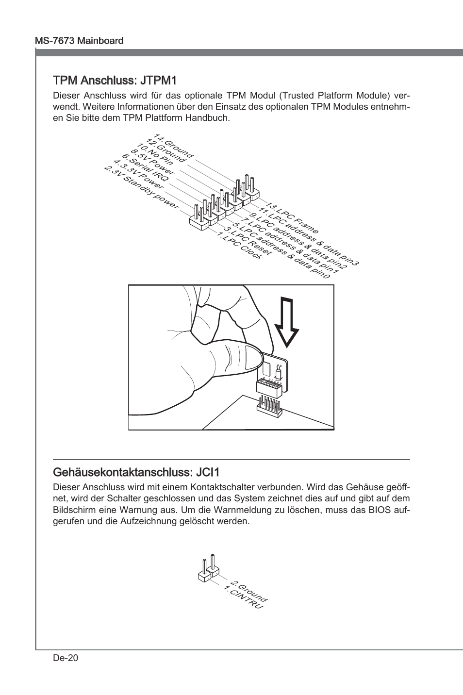 Tpm anschluss: jtpm1, Gehäusekontaktanschluss: jci1 | MSI P67A-G45 (B3) User Manual | Page 64 / 146