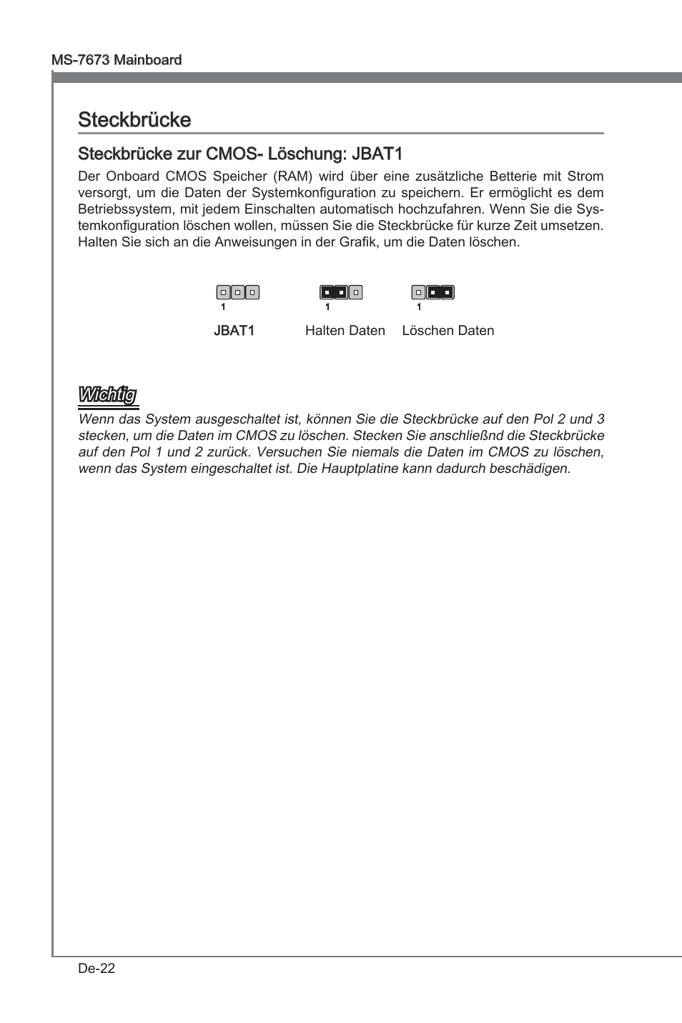 Steckbrücke, Steckbrücke zur cmos- löschung: jbat1, Wchtg | MSI P67A-G45 (B3) User Manual | Page 66 / 146