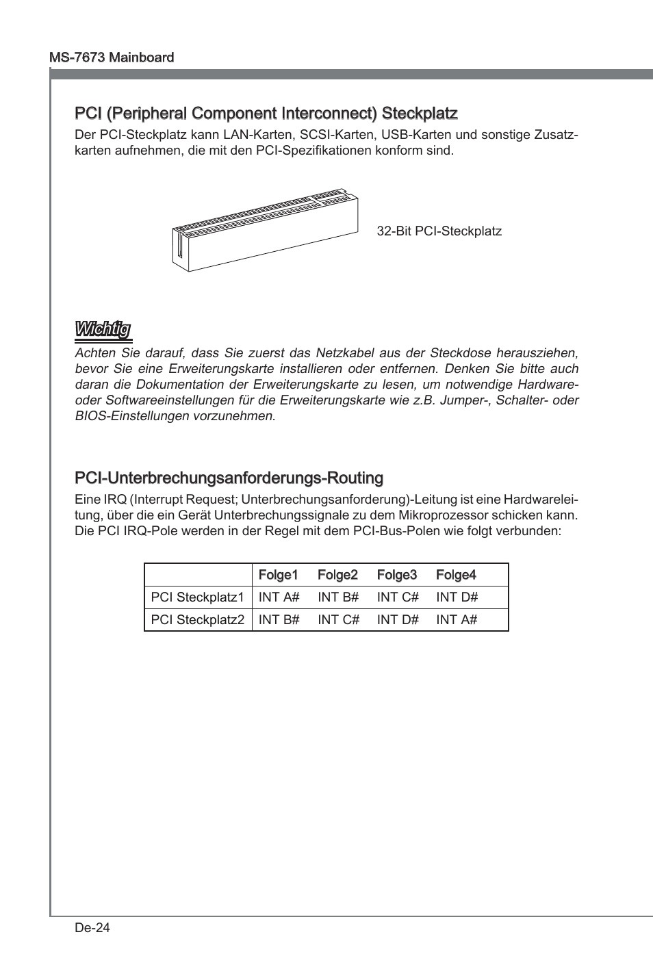 Pci (perpheral component interconnect) steckplatz, Wchtg, Pci-unterbrechungsanforderungs-routng | MSI P67A-G45 (B3) User Manual | Page 68 / 146