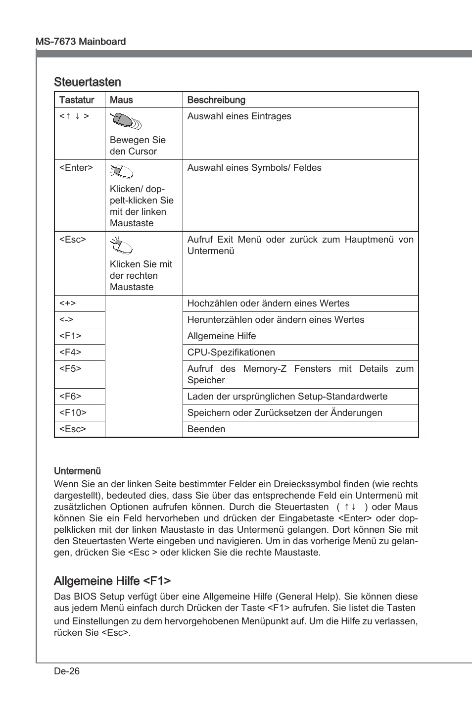 Steuertasten, Allgemene hlfe <f1 | MSI P67A-G45 (B3) User Manual | Page 70 / 146