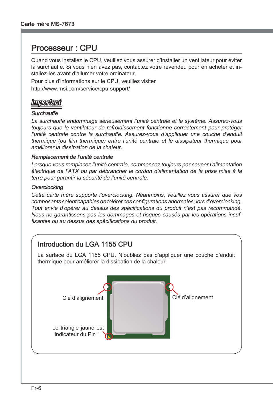 Processeur : cpu, Important, Introducton du lga 1155 cpu | MSI P67A-G45 (B3) User Manual | Page 84 / 146
