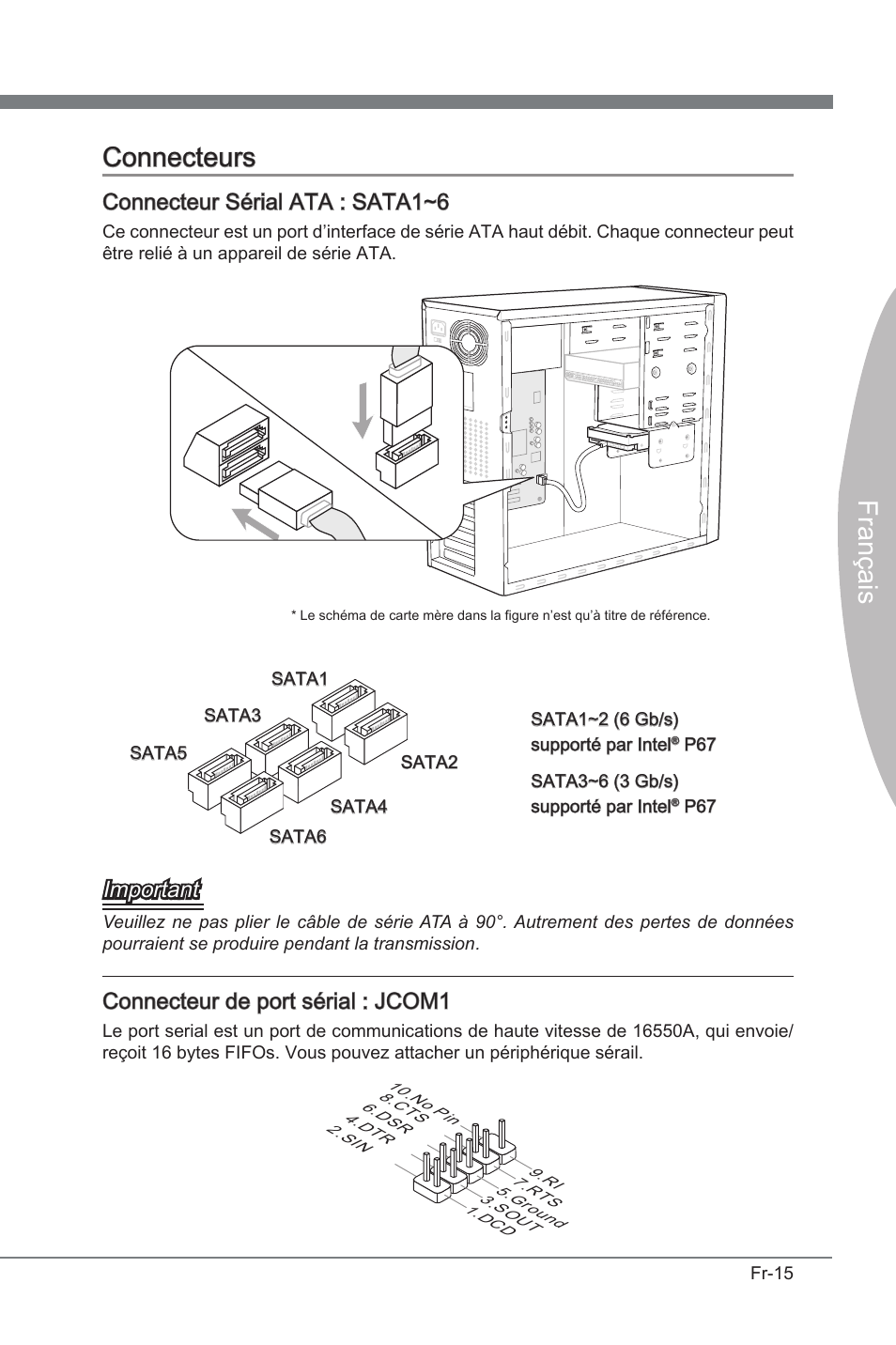 Connecteurs, França s connecteurs, Connecteur séral ata : sata1~6 | Important, Connecteur de port séral : jcom1 | MSI P67A-G45 (B3) User Manual | Page 93 / 146