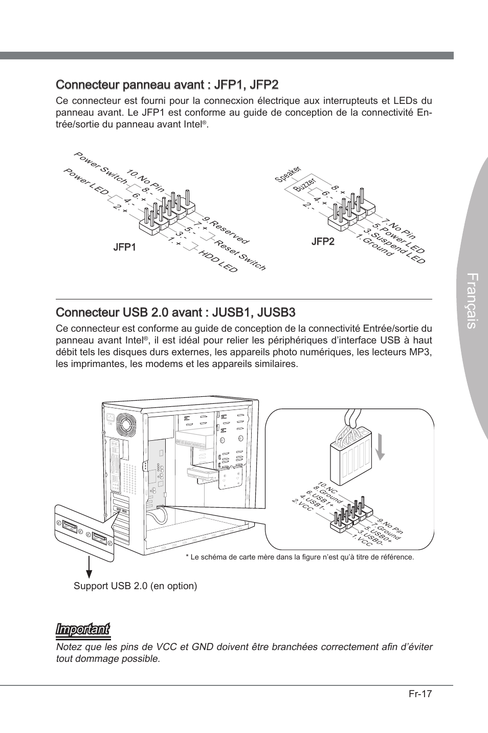 França s, Connecteur panneau avant : jfp1, jfp2, Connecteur usb 2.0 avant : jusb1, jusb3 | Important | MSI P67A-G45 (B3) User Manual | Page 95 / 146