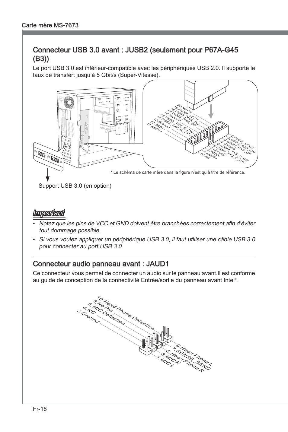 Important, Connecteur audo panneau avant : jaud1, Support usb 3.0 (en opton) | MSI P67A-G45 (B3) User Manual | Page 96 / 146