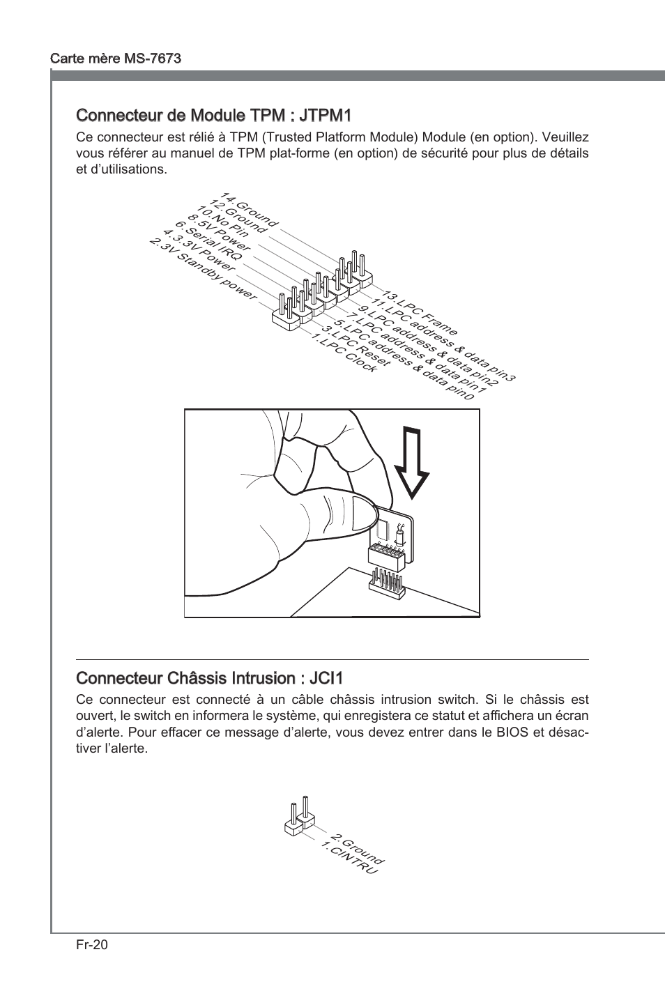 Connecteur de module tpm : jtpm1, Connecteur châsss intruson : jci1 | MSI P67A-G45 (B3) User Manual | Page 98 / 146