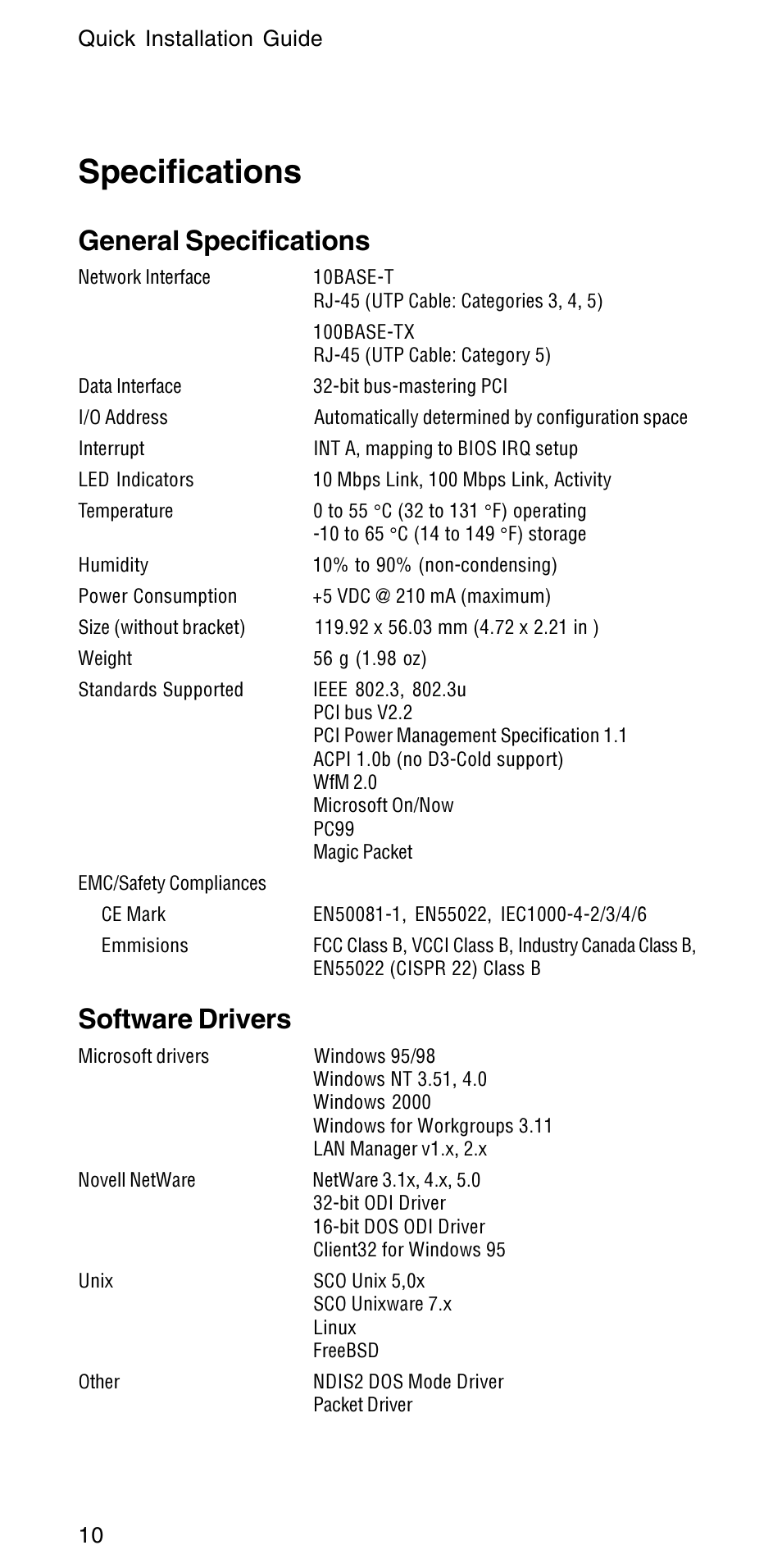 Specifications, General specifications, Software drivers | Accton Technology CHEETAH PCI ADAPTER EN1207D-TX User Manual | Page 12 / 14