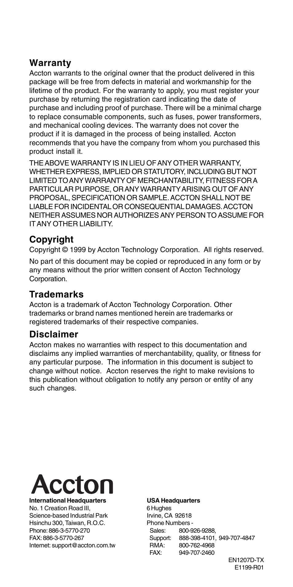 Warranty, Copyright, Trademarks | Disclaimer | Accton Technology CHEETAH PCI ADAPTER EN1207D-TX User Manual | Page 14 / 14