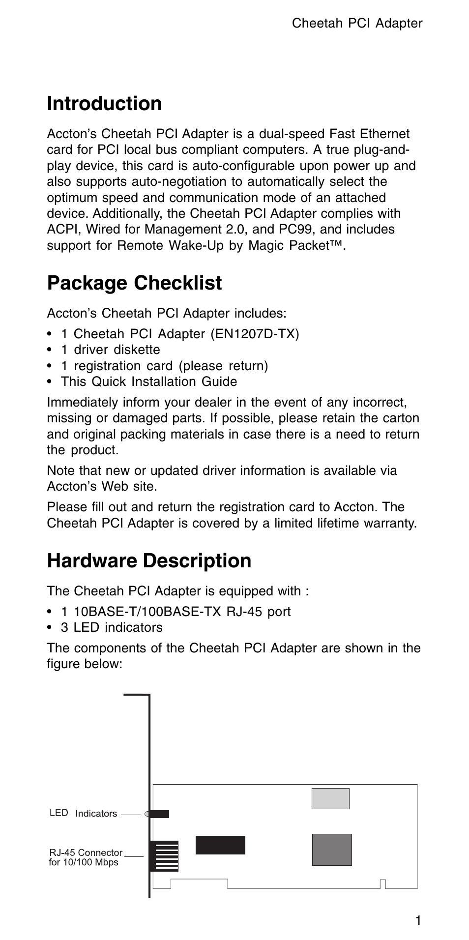 Introduction, Package checklist, Hardware description | Accton Technology CHEETAH PCI ADAPTER EN1207D-TX User Manual | Page 3 / 14