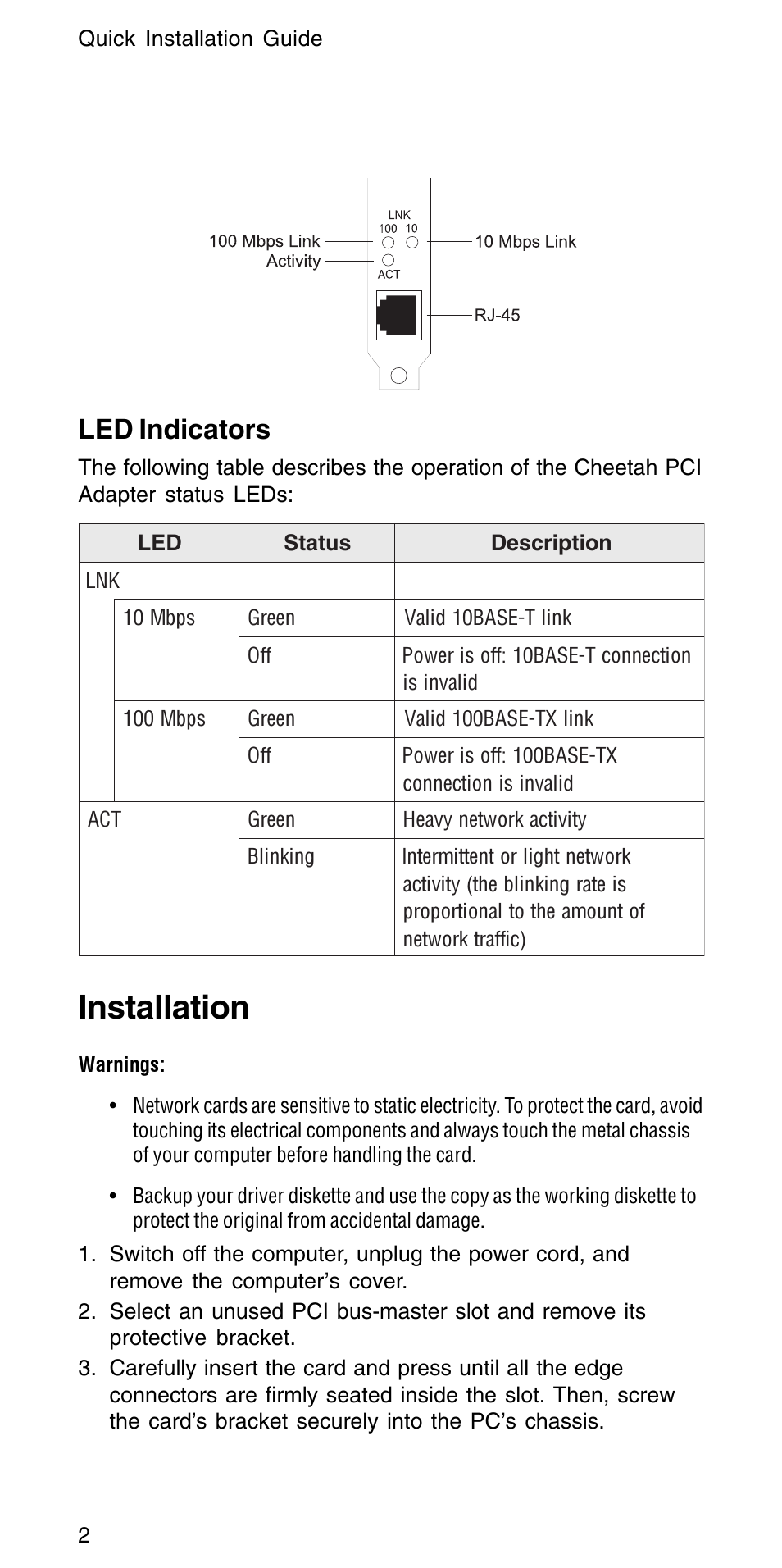Installation, Led indicators | Accton Technology CHEETAH PCI ADAPTER EN1207D-TX User Manual | Page 4 / 14
