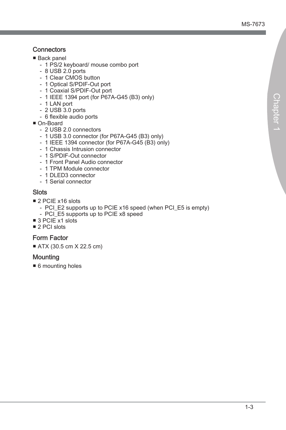 Chapter 1 | MSI P67A-G43 (B3) User Manual | Page 13 / 80