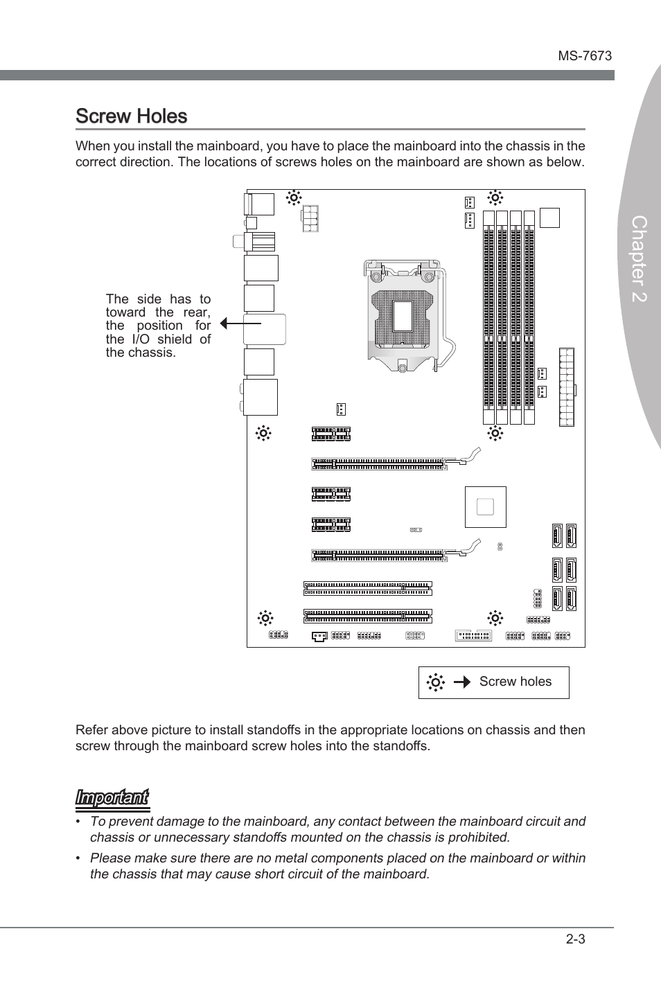 Screw holes, Screw holes -3, Chapter 2 screw holes | Important | MSI P67A-G43 (B3) User Manual | Page 19 / 80