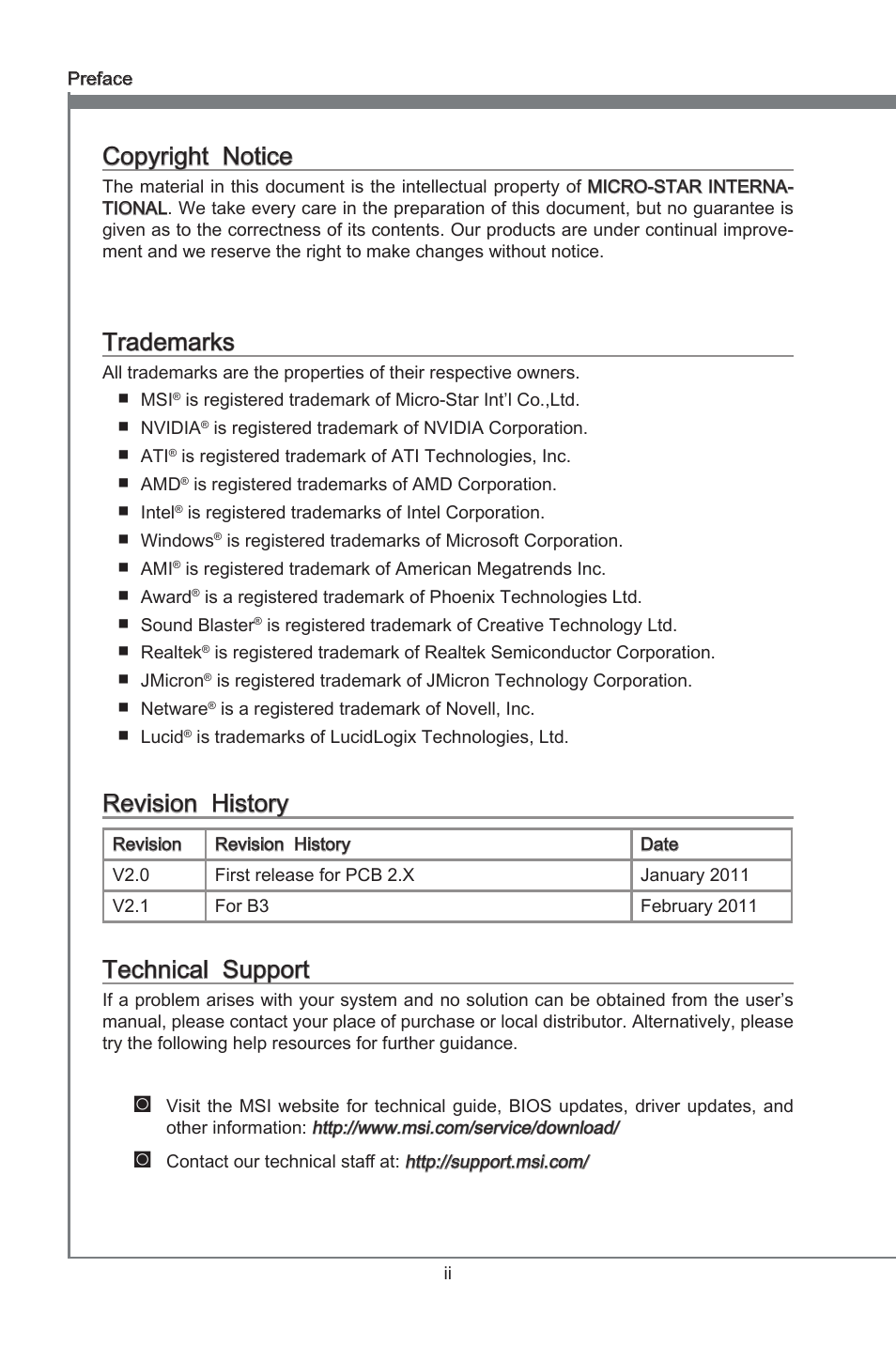 Copyright notice, Trademarks, Revision history | Technical support, Preface, Copyrght notce, Revson hstory, Techncal support | MSI P67A-G43 (B3) User Manual | Page 2 / 80