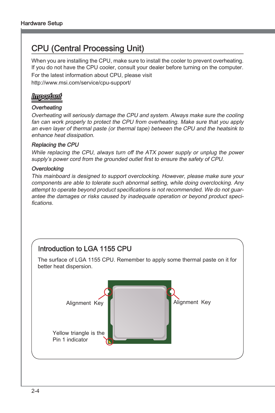 Cpu (central processing unit), Cpu (central processng unt) -4, Cpu (central processng unt) | Important, Introducton to lga 1155 cpu | MSI P67A-G43 (B3) User Manual | Page 20 / 80