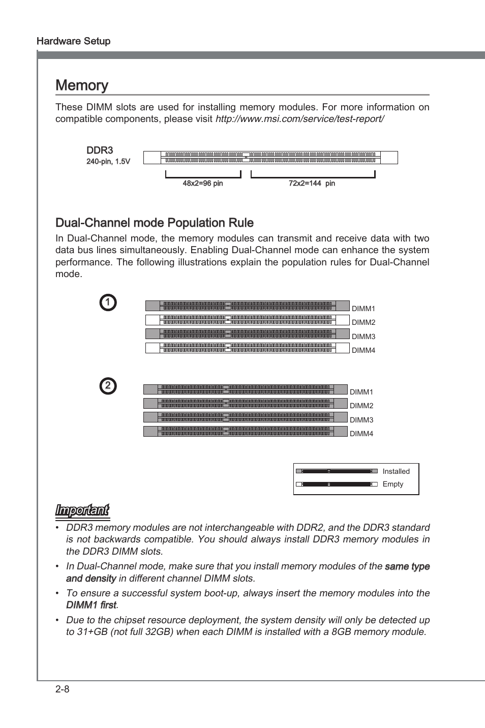 Memory, Memory -8, Dual-channel mode populaton rule | Important | MSI P67A-G43 (B3) User Manual | Page 24 / 80
