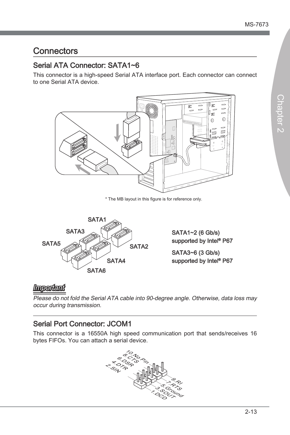 Connectors, Connectors -13, Chapter 2 connectors | Seral ata connector: sata1~6, Important, Seral port connector: jcom1 | MSI P67A-G43 (B3) User Manual | Page 29 / 80