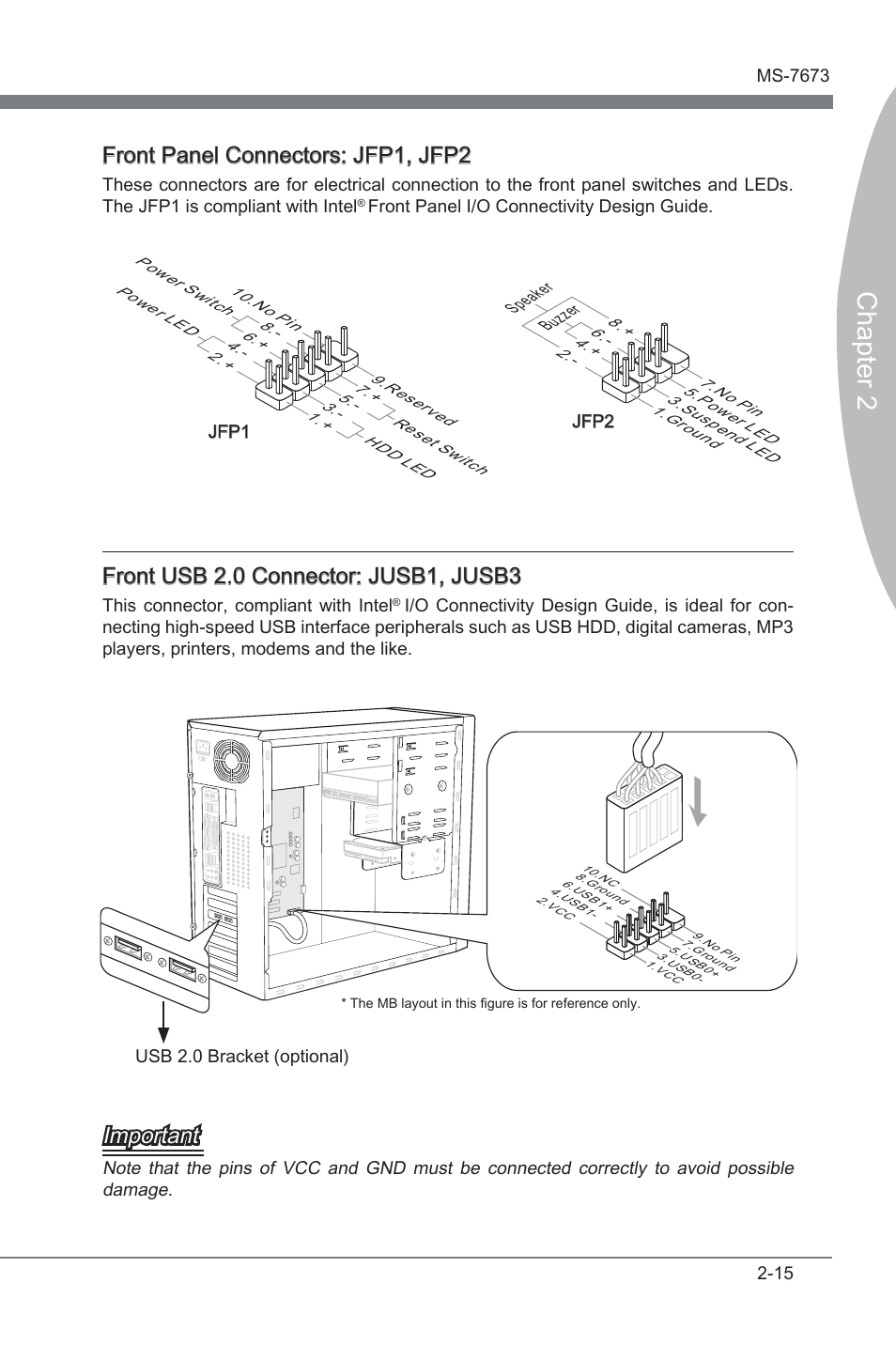 Chapter 2, Front panel connectors: jfp1, jfp2, Front usb 2.0 connector: jusb1, jusb3 | Important | MSI P67A-G43 (B3) User Manual | Page 31 / 80