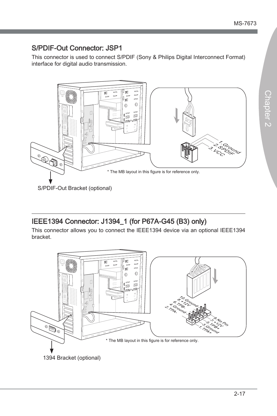 Chapter 2, S/pdif-out connector: jsp1 | MSI P67A-G43 (B3) User Manual | Page 33 / 80