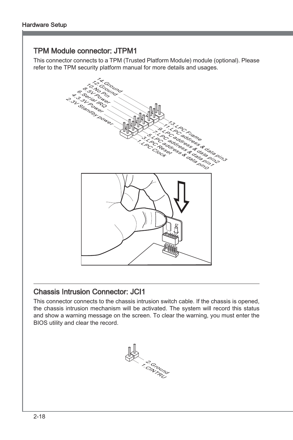 Tpm module connector: jtpm1, Chasss intruson connector: jci1 | MSI P67A-G43 (B3) User Manual | Page 34 / 80