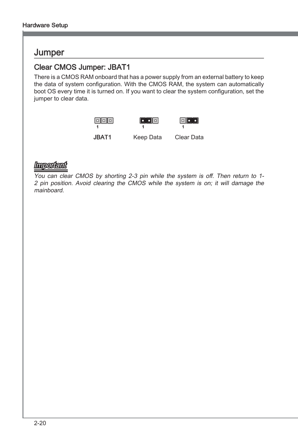 Jumper, Jumper -20, Clear cmos jumper: jbat1 | Important | MSI P67A-G43 (B3) User Manual | Page 36 / 80