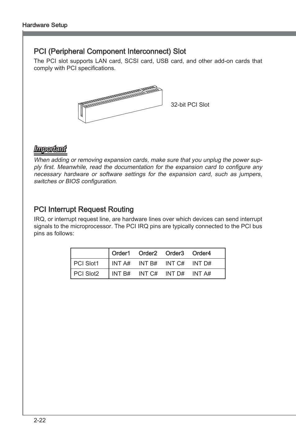 Pci (perpheral component interconnect) slot, Important, Pci interrupt request routng | MSI P67A-G43 (B3) User Manual | Page 38 / 80