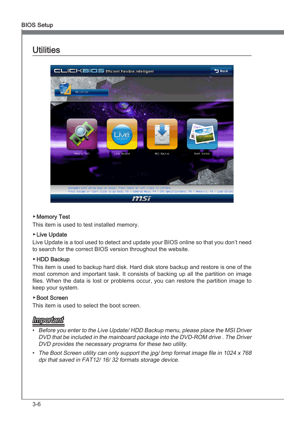 Utilities, Utltes -6, Chapter 3 | Chapter 3 utltes, Important | MSI P67A-G43 (B3) User Manual | Page 44 / 80