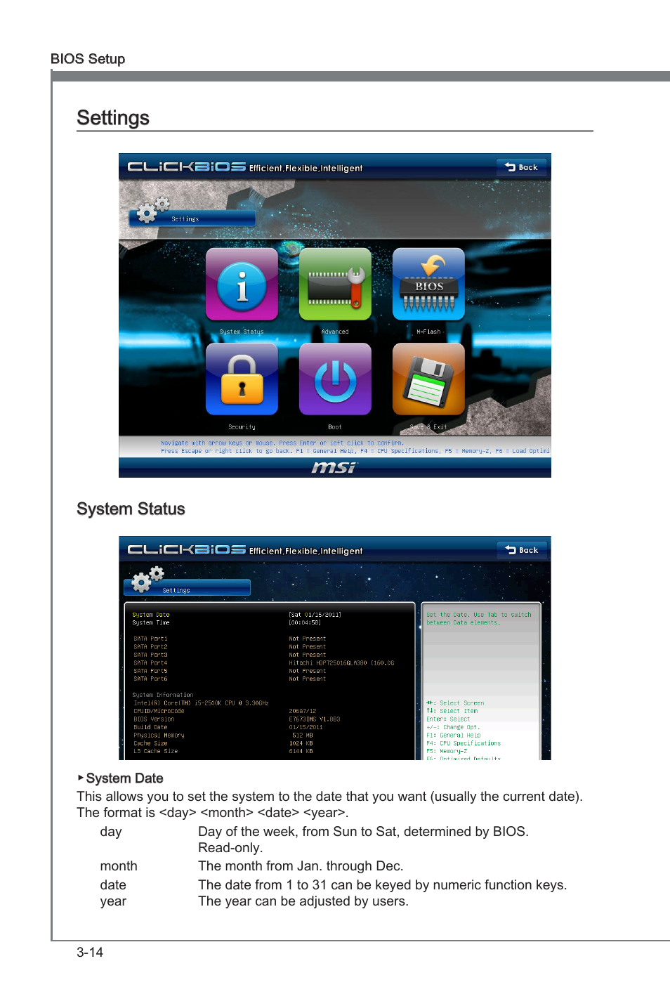 Settings, Settngs -14, Chapter 3 | Chapter 3 settngs, System status | MSI P67A-G43 (B3) User Manual | Page 52 / 80